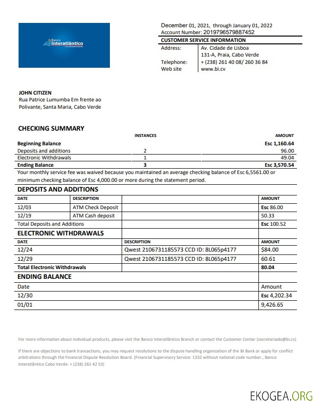 Relevé bancaire Cabo Verde Banco Inter-Atlântico template Relevé bancaire Cabo Verde Banco Inter-Atlântico template